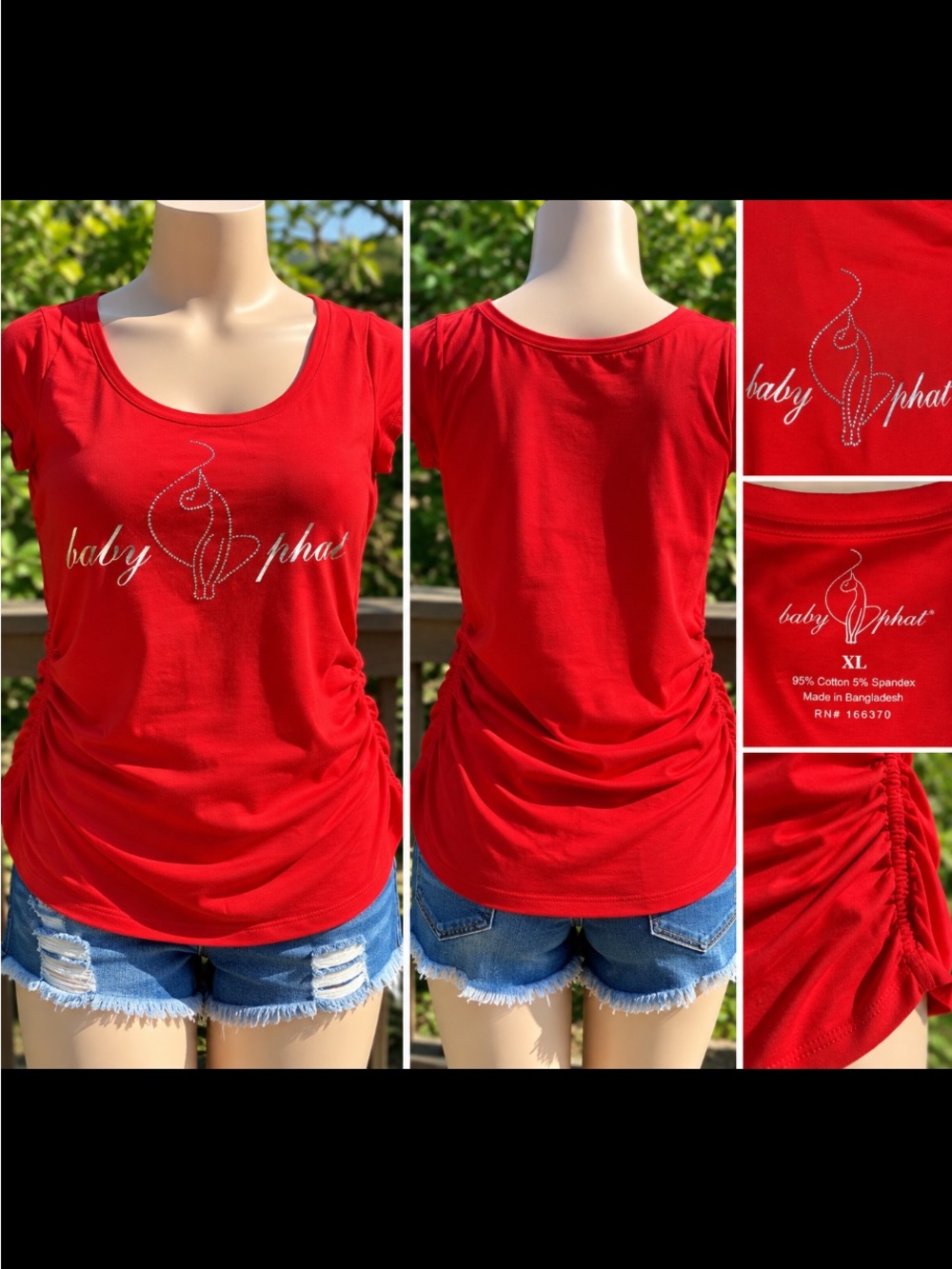 Baby Phat Red Scoop Neck Ruched Side Tee with Rhinestone Logo